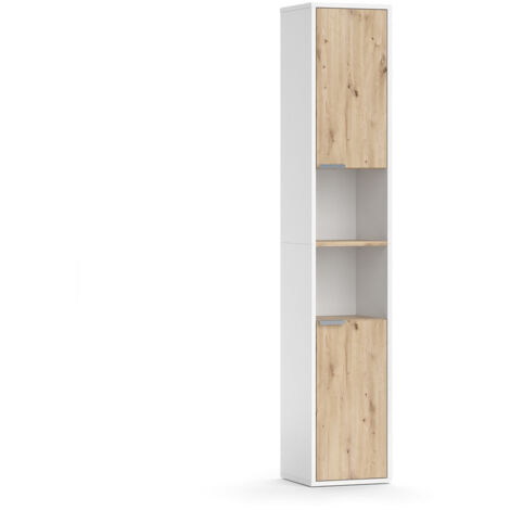Armario de baño Henri, Blanco, 30 x 165 cm con puertas y compartimentos abiertos, Vicco