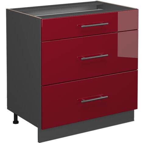 Mueble bajo de cocina Fame-Line, Rojo Burdeos alto brillo, 80 cm con 3 cajones, sin encimera, Vicco