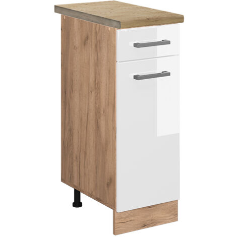 Mueble bajo de cocina R-Line, Blanco alto brillo, 30 cm , ET Roble, Vicco