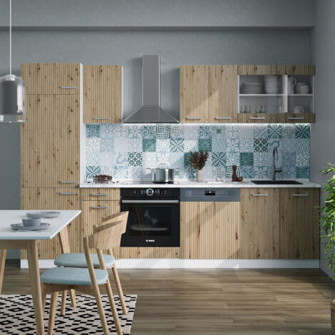 Mueble de cocina R-Line, Roble artesanal/blanco, 300 cm , ET Mármol, Vicco