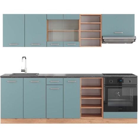 Mueble de cocina R-Line, Roble azul-gris-dorado, 240 cm , ET Antracita, Vicco