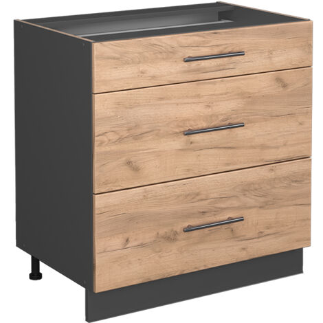 Mueble bajo de cocina Fame-Line, Roble dorado, 80 cm con 3 cajones, sin encimera, Vicco