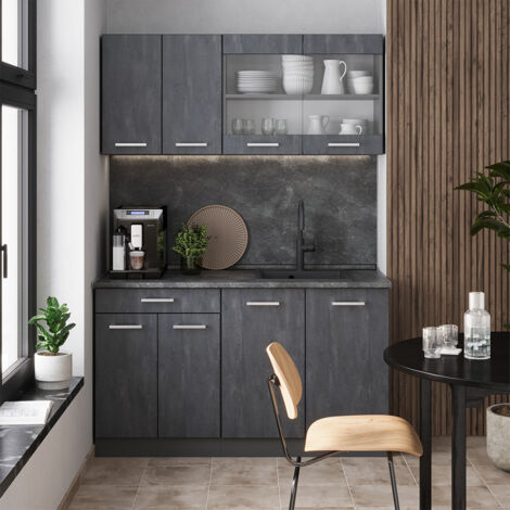 Cocina versátil R-Line, Hormigón negro/antracita, 140 cm ET Mármol, Vicco