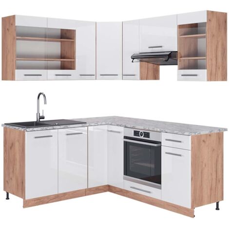 Cocina esquinera Fame-Line, Blanco brillo intenso/roble dorado, 160 x 190 cm , ET Mármol, Vicco