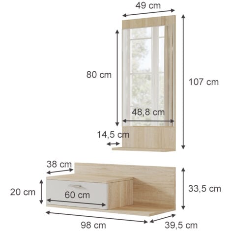 Perchero de pared Ballin, Roble, 98 x 140.5 cm con espejo, Vicco