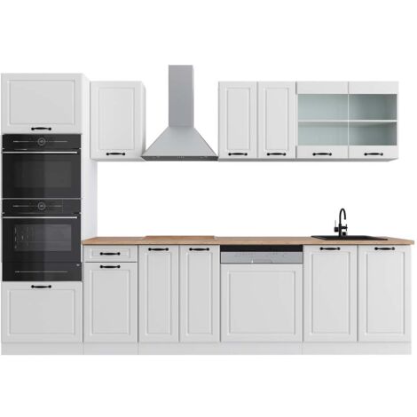 Mueble de cocina R-Line, Casa de campo blanca/blanca, 300 cm con armario alto, ET Roble, Vicco