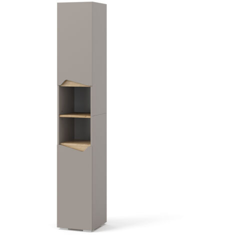 Armario de baño Marelle, Gris, 30 x 180 cm con puertas y compartimentos abiertos, Vicco