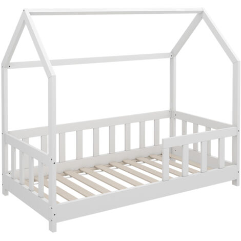 Cama en forma de casa Michelle, Blanco, 70x140 cm con protección contra caídas, Vitalispa