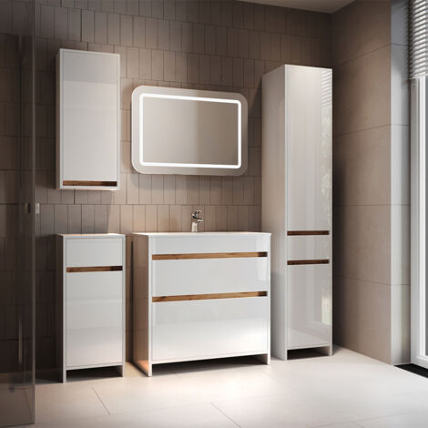 Conjunto de muebles de baño Detmold, Blanco brillo intenso/roble dorado, Juego de 5, Vicco (1/5)