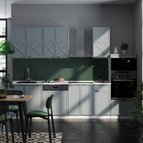 Mueble de cocina Fame-Line, Azul claro-gris-blanco, 300 cm con armario alto, ET Antracita, Vicco