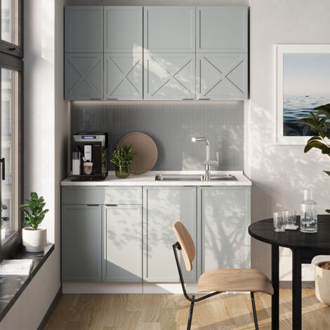 Cocina para solteros Fame-Line, Azul claro-gris-blanco, 140 cm , ET Roble, Vicco