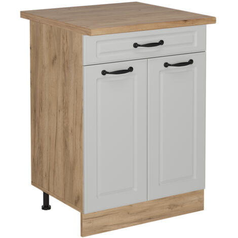 Mueble bajo de cocina R-Line, Blanco casa de campo, 60 cm con cajón, ET Roble, Vicco
