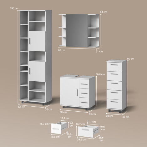 Livinity Cassettiera Da Bagno Eisak – 30x95x30 Cm, Bianco Lucido, 5 Cassetti, Facile Da Pulire