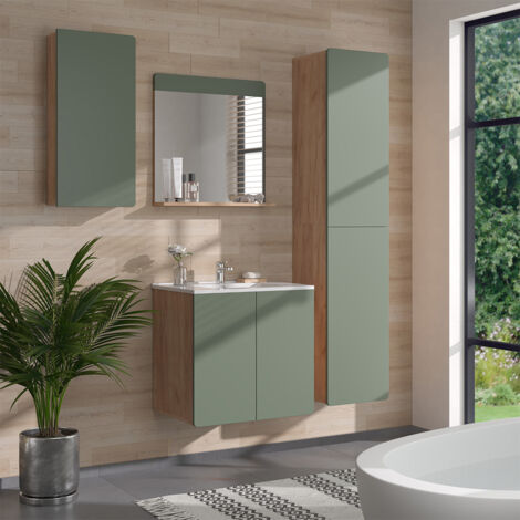 Conjunto de muebles de baño Izan, Goldkraft roble/verde, 5 piezas con mueble alto y alto, Vicco