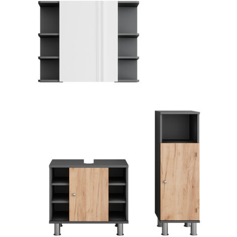 Armario con espejo de baño Fynn, Antracita/roble dorado, 3 piezas con unidad midi, Vicco