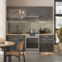 Mueble de cocina R-Line, Antracita brillo intenso/roble dorado eléctrico, 200 cm sin encimera, Vicco