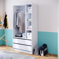 Armario de ropa Elmo, Blanco, 100 x 200 cm con 2 cajones, Vicco