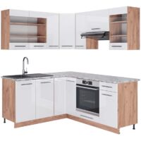 Cocina esquinera Fame-Line, Blanco brillo intenso/roble dorado, 160 x 190 cm , ET Mármol, Vicco