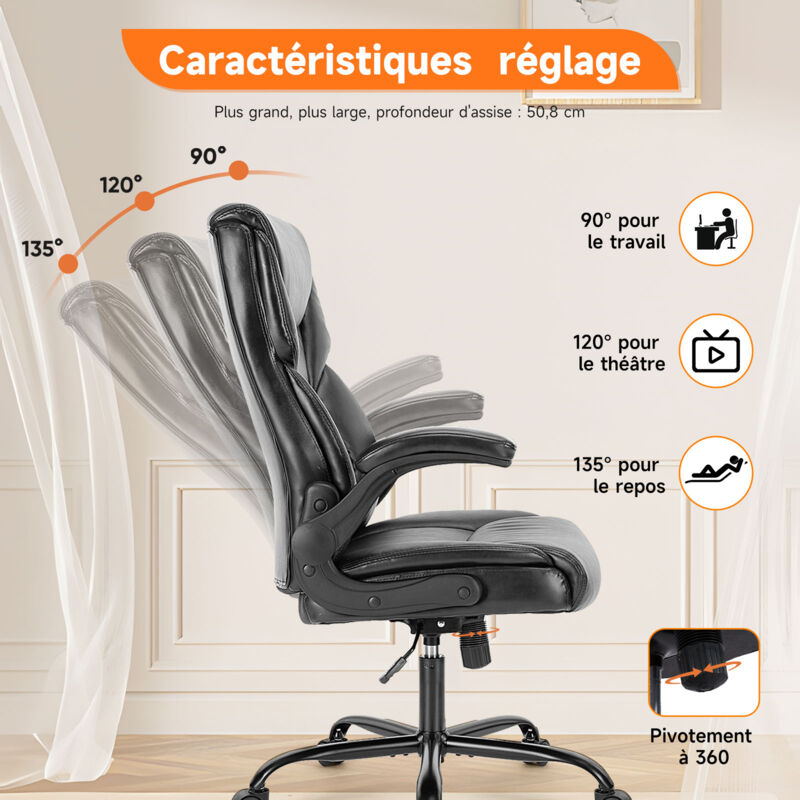 Chaise De Bureau Ergonomique Pivotante - Support Lombaire - Cuir PU - Noir