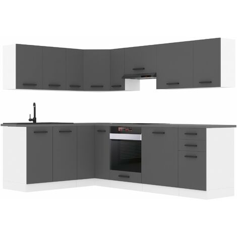 Belini Küchenzeile Küchenblock Küche L-Form Janet Küchenmöbel mit Griffe, Einbauküche ohne Elektrogeräten mit Hängeschränke und Unterschränke, ohne Arbeitsplatten, Silber matt (1/5)
