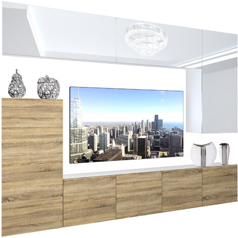 BELINI Wohnwand Wohnzimmer-Set Vollausstattung Moderne Schrankwand mit LED-Beleuchtung Anbauwand TV-Schrank Weiß ganzes Oberteil/Sonoma Eiche