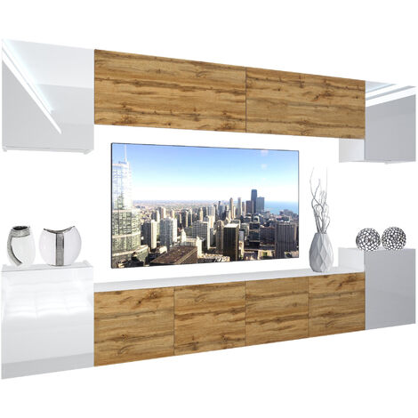 BELINI Wohnwand Vollausstattung Wohnzimmer-Set Moderne Schrankwand mit LED-Beleuchtung Anbauwand TV-Schrank Weiß/Eiche Wotan Top