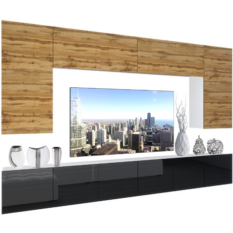 BELINI Wohnwand Vollausstattung Wohnzimmer-Set Moderne Schrankwand mit LED-Beleuchtung Anbauwand TV-Schrank Wotan Eiche Top/Schwarz