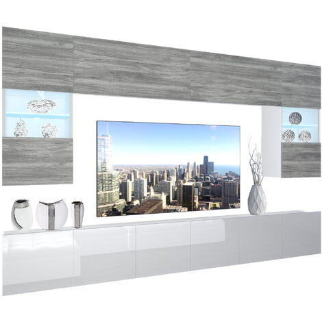 BELINI Wohnwand Vollausstattung Wohnzimmer-Set Moderne Schrankwand mit LED-Beleuchtung Anbauwand TV-Schrank Glamour Holz/Weiß