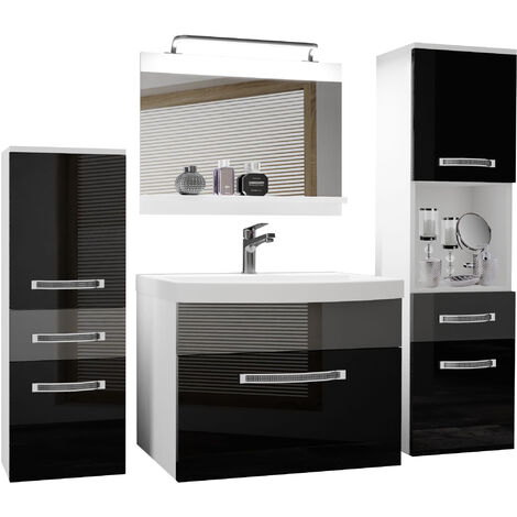 Belini Badezimmer Badmöbel Set Vollausstattung mit Waschbecken Unterschrank Waschtisch Spiegel Lampe Möbel Schwarz Silber Glänzend Matt