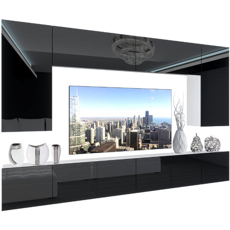 BELINI Wohnwand Vollausstattung Wohnzimmer-Set Moderne Schrankwand mit LED-Beleuchtung Anbauwand TV-Schrank Schwarz