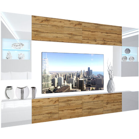 BELINI Wohnwand Vollausstattung Wohnzimmer-Set Moderne Schrankwand mit LED-Beleuchtung Anbauwand TV-Schrank Weiß/Eiche Wotan Top
