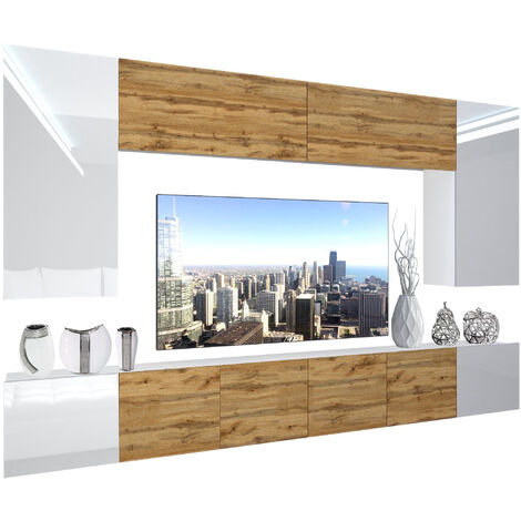 BELINI Wohnwand Vollausstattung Wohnzimmer-Set Moderne Schrankwand mit LED-Beleuchtung Anbauwand TV-Schrank Weiß/Eiche Wotan