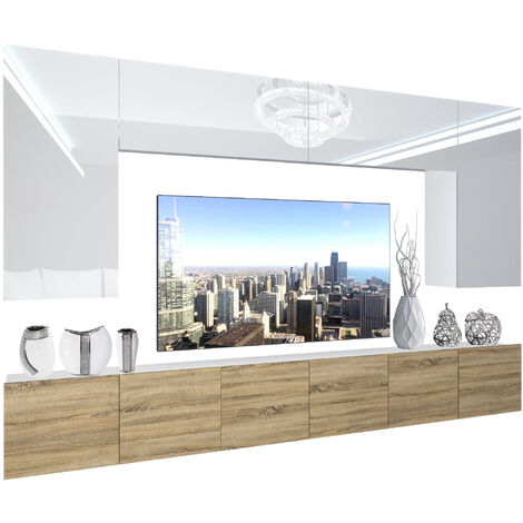 BELINI Wohnwand Vollausstattung Wohnzimmer-Set Moderne Schrankwand mit LED-Beleuchtung Anbauwand TV-Schrank Weiß/Sonoma Eiche