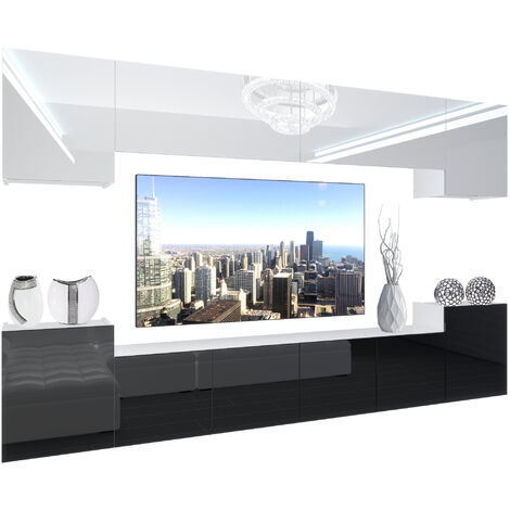 BELINI Wohnwand Vollausstattung Wohnzimmer-Set Moderne Schrankwand mit LED-Beleuchtung Anbauwand TV-Schrank Weiß/Schwarz Glänzend/Matt