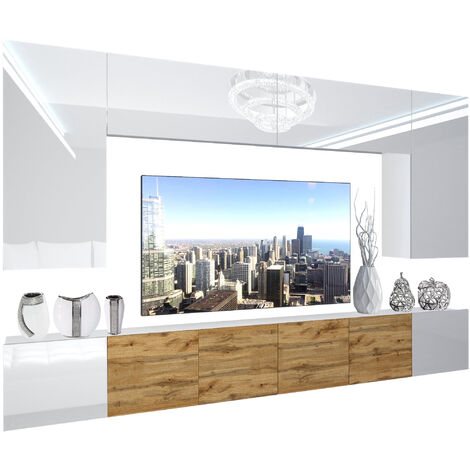 BELINI Wohnwand Vollausstattung Wohnzimmer-Set Moderne Schrankwand mit LED-Beleuchtung Anbauwand TV-Schrank Weiß/Eiche Wotan Glänzend/Matt