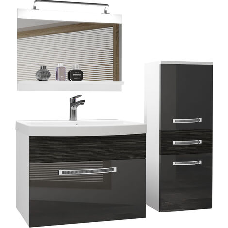 Belini Badezimmer Badmöbel Set Vollaustattung mit Waschbecken Unterschrank Waschtisch Spiegel Lampe Silber/Ebenholz Royal, Glänzend und Matt (1/5)