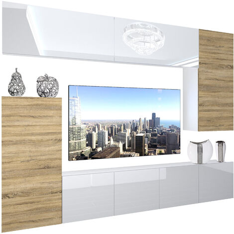 BELINI Wohnwand Wohnzimmer-Set Vollausstattung Moderne Schrankwand mit LED-Beleuchtung Anbauwand TV-Schrank Weiß/Sonoma Eiche