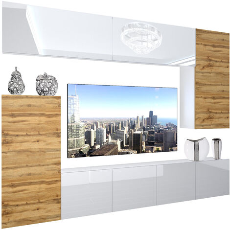 BELINI Wohnwand Vollausstattung Wohnzimmer-Set Moderne Schrankwand mit LED-Beleuchtung Anbauwand TV-Schrank Weiß/Eiche Wotan
