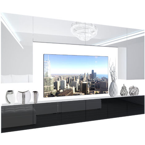 BELINI Wohnwand Vollausstattung Wohnzimmer-Set Moderne Schrankwand mit LED-Beleuchtung Anbauwand TV-Schrank Weiß/Schwarz
