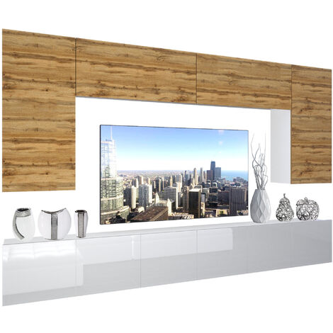 BELINI Wohnwand Vollausstattung Wohnzimmer-Set Moderne Schrankwand mit LED-Beleuchtung Anbauwand TV-Schrank Eiche Wotan/Weiß