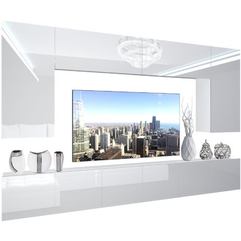 BELINI Wohnwand Vollausstattung Wohnzimmer-Set Moderne Schrankwand mit LED-Beleuchtung Anbauwand TV-Schrank Weiß