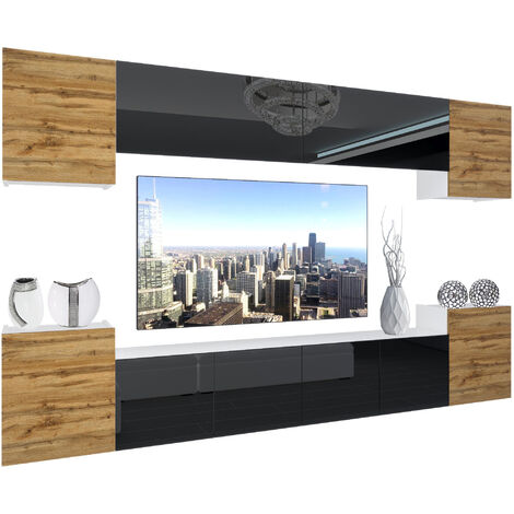 BELINI Wohnwand Vollausstattung Wohnzimmer-Set Moderne Schrankwand mit LED-Beleuchtung Anbauwand TV-Schrank Wotan Eiche/Schwarz Top
