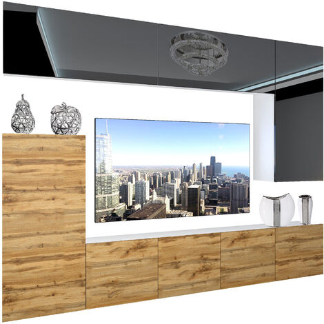 BELINI Wohnwand Vollausstattung Wohnzimmer-Set Moderne Schrankwand mit LED-Beleuchtung Anbauwand TV-Schrank Schwarz ganzes Oberteil/Eiche Wotan