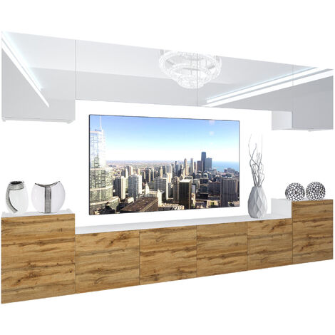 BELINI Wohnwand Vollausstattung Wohnzimmer-Set Moderne Schrankwand mit LED-Beleuchtung Anbauwand TV-Schrank Weiß/Eiche Wotan