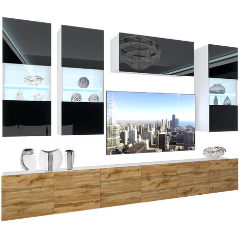 BELINI Wohnwand Vollausstattung Wohnzimmer-Set Moderne Schrankwand mit LED-Beleuchtung Anbauwand TV-Schrank Schwarz/Wotan Eiche