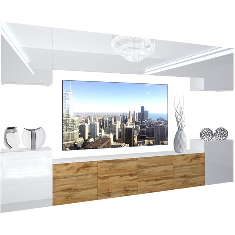 BELINI Wohnwand Vollausstattung Wohnzimmer-Set Moderne Schrankwand mit LED-Beleuchtung Anbauwand TV-Schrank Weiß Top/Eiche Wotan