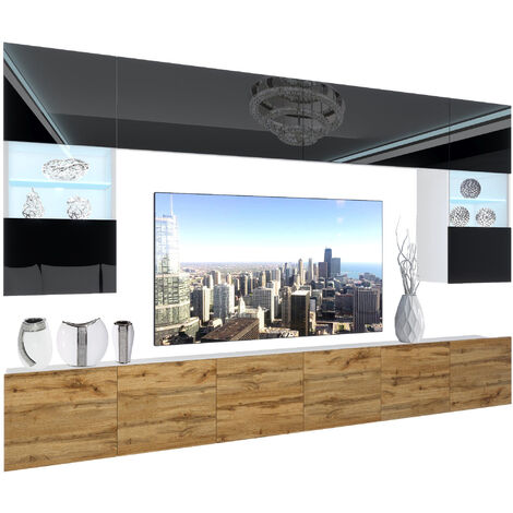 BELINI Wohnwand Vollausstattung Wohnzimmer-Set Moderne Schrankwand mit LED-Beleuchtung Anbauwand TV-Schrank Schwarz Top/Wotan Eiche