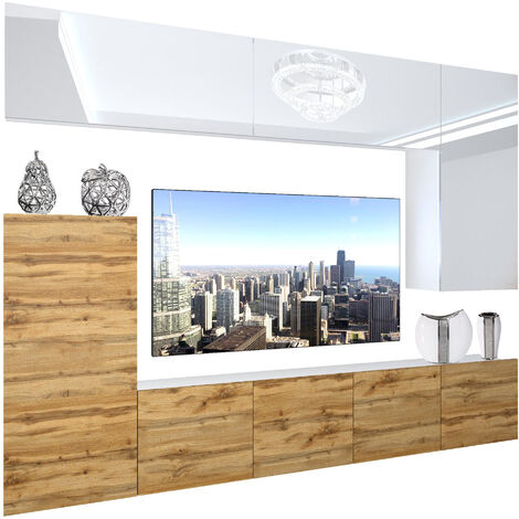 BELINI Wohnwand Vollausstattung Wohnzimmer-Set Moderne Schrankwand mit LED-Beleuchtung Anbauwand TV-Schrank Weiß ganzes Oberteil/Eiche Wotan