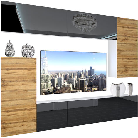 BELINI Wohnwand Vollausstattung Wohnzimmer-Set Moderne Schrankwand mit LED-Beleuchtung Anbauwand TV-Schrank Schwarz/Eiche Wotan