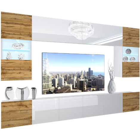 BELINI Wohnwand Vollausstattung Wohnzimmer-Set Moderne Schrankwand mit LED-Beleuchtung Anbauwand TV-Schrank Eiche Wotan/Weiß